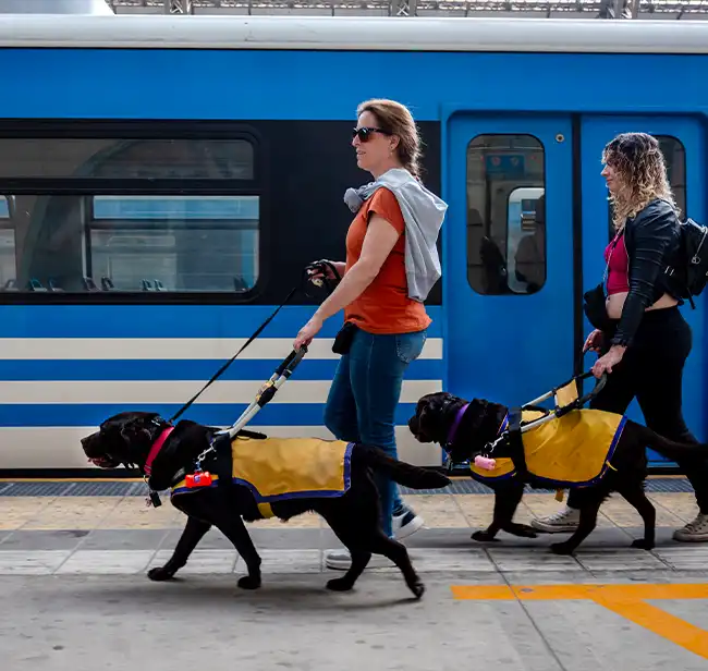 Frauen mit Assistenzhunden gehen am Bahnsteig entlang.
