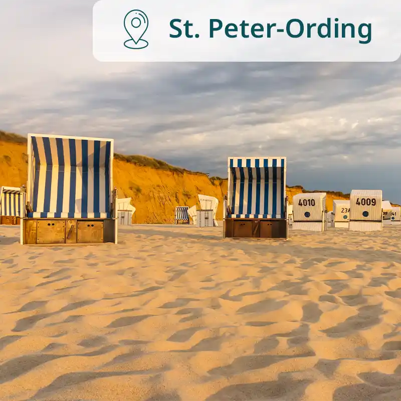 Strandkörbe im warmen Abendlicht am Sandstrand von St. Peter-Ording.