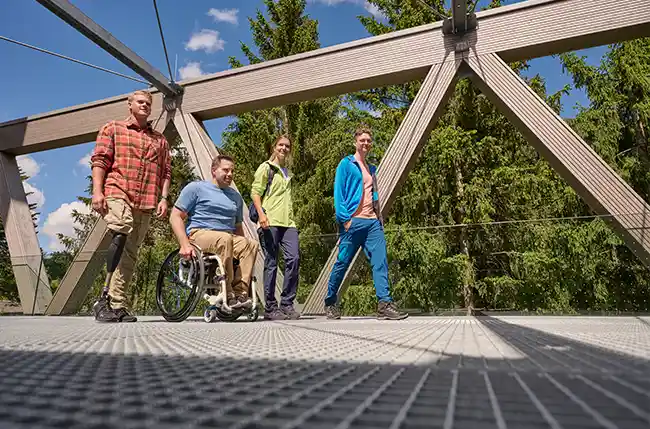 Vier Wanderer überqueren eine Brücke in Baiersbronn. Eine Person sitzt im Rollstuhl, eine andere hat eine Beinprothese. Sie sind von Bäumen umgeben.