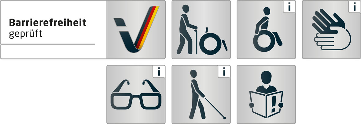 Kennzeichen G2_R1_L1_S1_B1_K_Logo-Pikto Kennzeichnung „Barrierefreiheit geprüft: barrierefrei für Menschen mit Gehbehinderung und Menschen mit kognitiven Beeinträchtigungen sowie teilweise barrierefrei für Rollstuhlfahrer, gehörlose Menschen, Menschen mit Sehbehinderung und blinde Menschen“