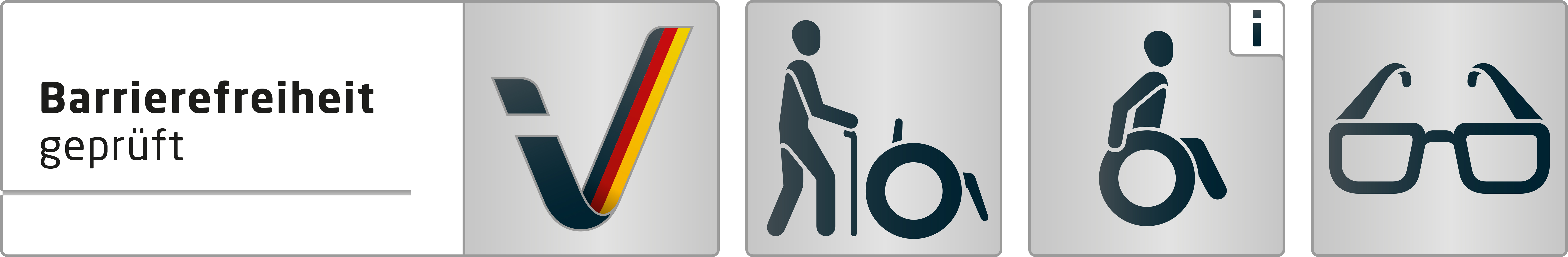 Kennzeichen „Barrierefreiheit geprüft: barrierefrei für Menschen mit Gehbehinderung und Sehbehinderung sowie teilweise barrierefrei für Rollstuhlfahrer“ Kennzeichen „Barrierefreiheit geprüft: barrierefrei für Menschen mit Gehbehinderung und Sehbehinderung sowie teilweise barrierefrei für Rollstuhlfahrer“