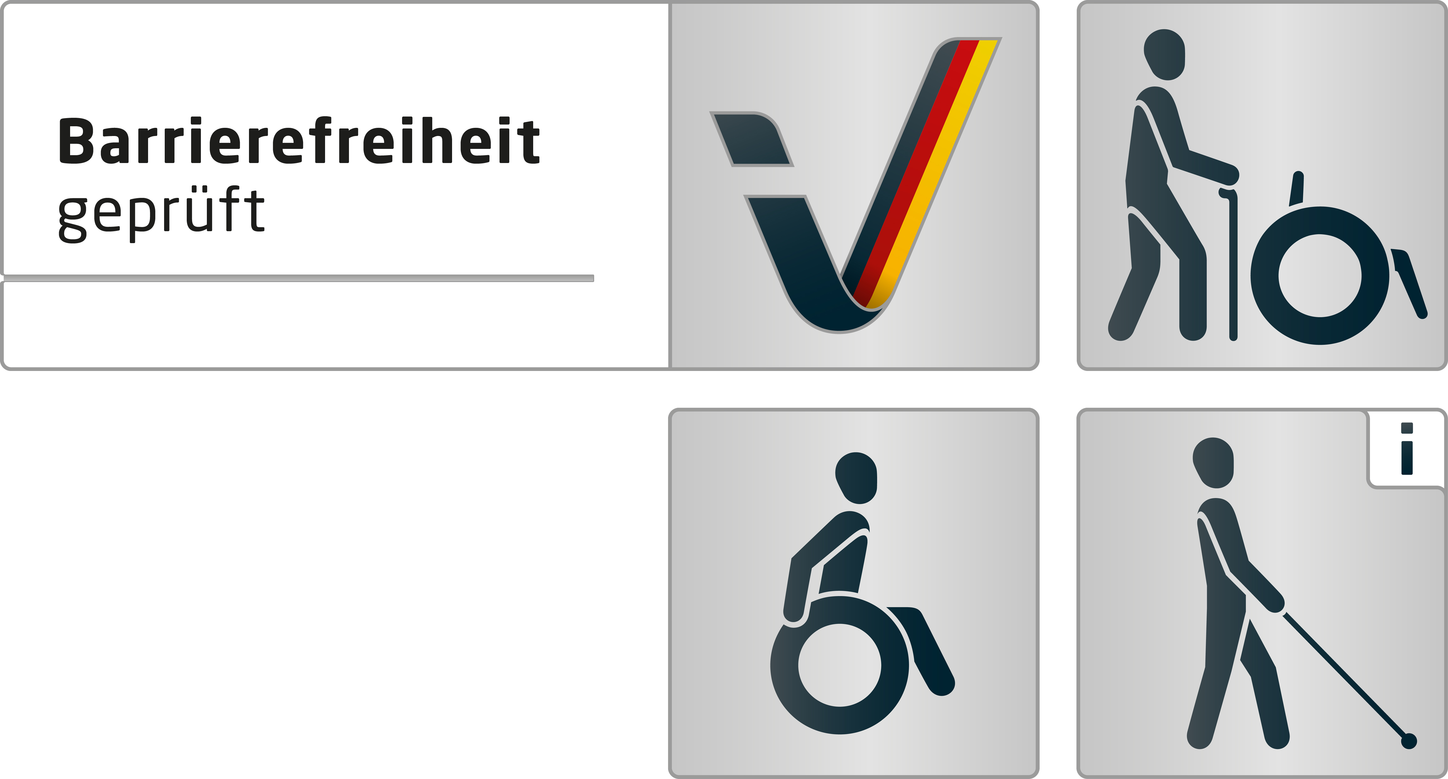 Kennzeichen „Barrierefreiheit geprüft: barrierefrei für Menschen mit Gehbehinderung sowie Rollstuhlfahrer und teilweise barrierefrei für blinde Menschen“ Kennzeichen „Barrierefreiheit geprüft: barrierefrei für Menschen mit Gehbehinderung sowie Rollstuhlfahrer und teilweise barrierefrei für blinde Menschen“