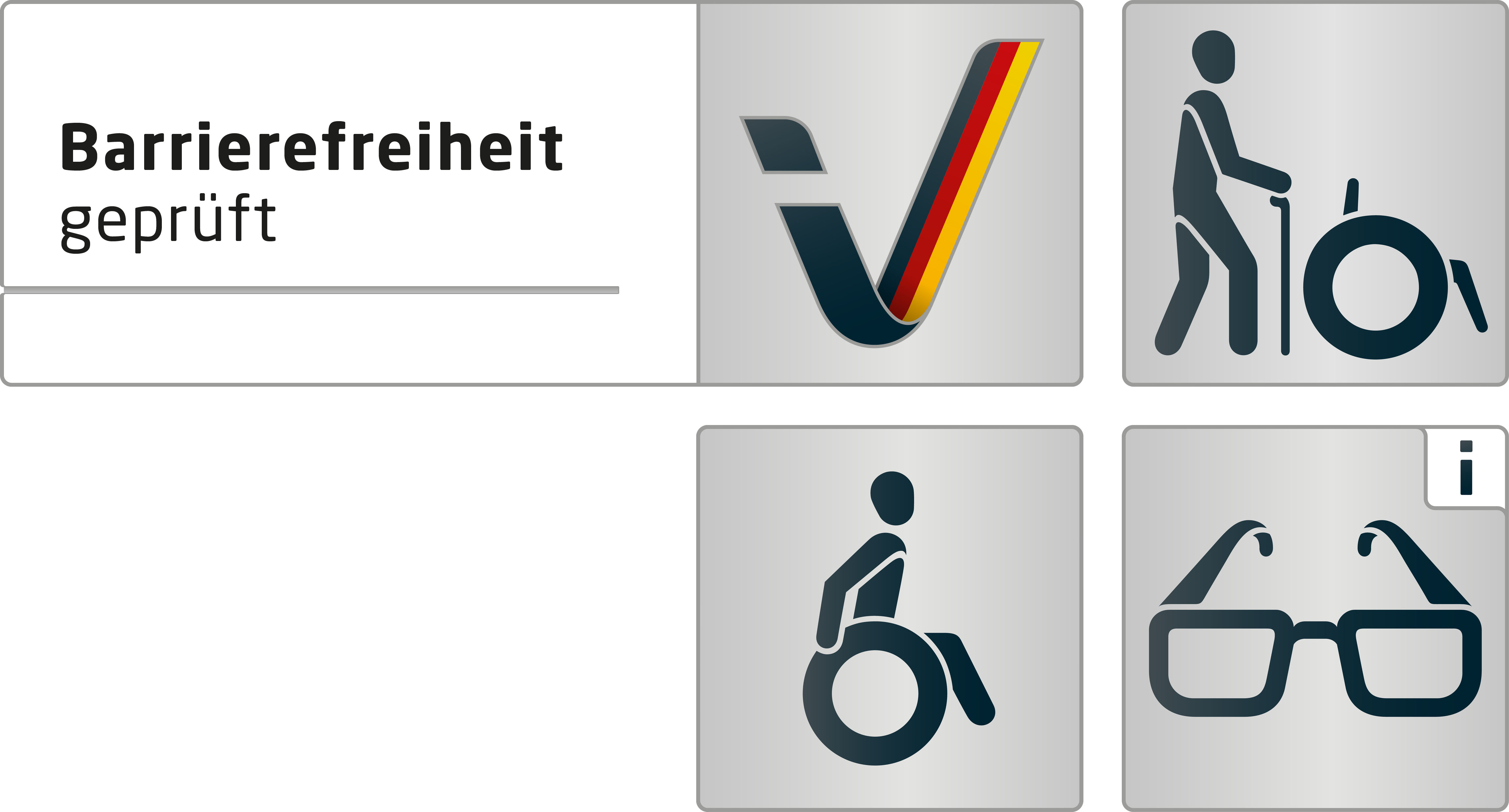 Kennzeichen „Barrierefreiheit geprüft: barrierefrei für Menschen mit Gehbehinderung sowie Rollstuhlfahrer und teilweise barrierefrei für Menschen mit Sehbehinderung“ Kennzeichen „Barrierefreiheit geprüft: barrierefrei für Menschen mit Gehbehinderung sowie Rollstuhlfahrer und teilweise barrierefrei für Menschen mit Sehbehinderung“