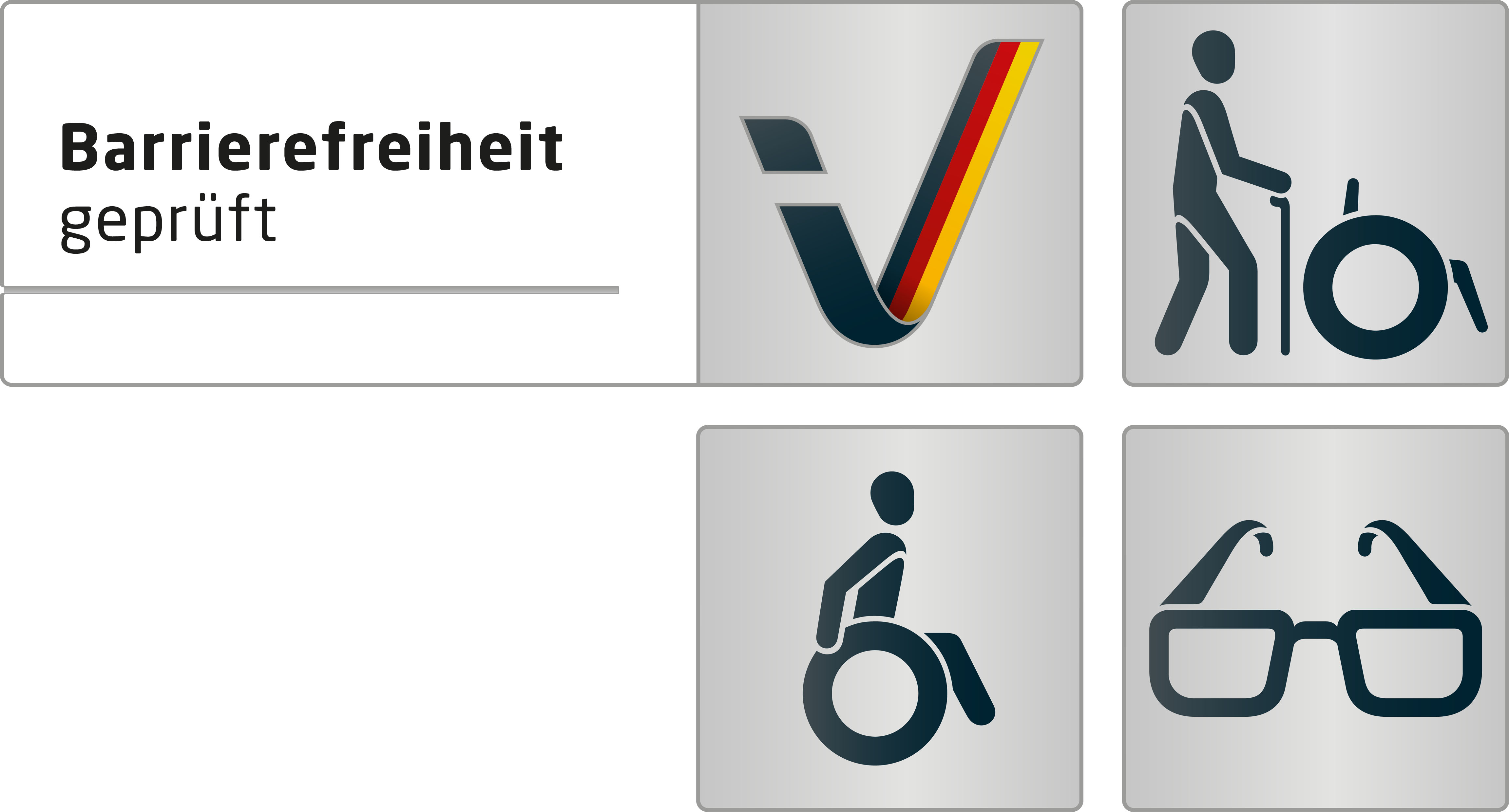 Kennzeichen „Barrierefreiheit geprüft: barrierefrei für Menschen mit Gehbehinderung, Rollstuhlfahrer und Menschen mit Sehbehinderung“